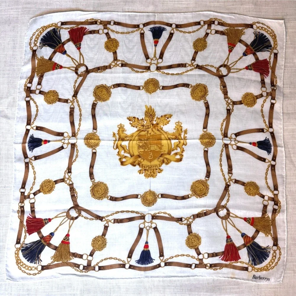 Vintage Burberrys of‎ London Silk Scarf Equestrian Crest Tassel Chain White Gold